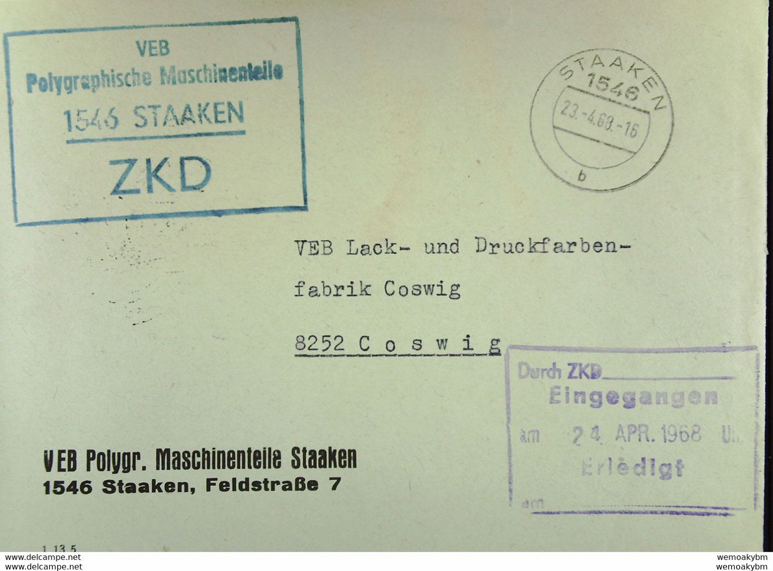 Fern-Brief Mit ZKD-Kastenst. "VEB Polygraphische Maschinenteile 1546 STAAKEN" 23.4.68 An Lack- Und Druckfarben Coswig - Central Mail Service