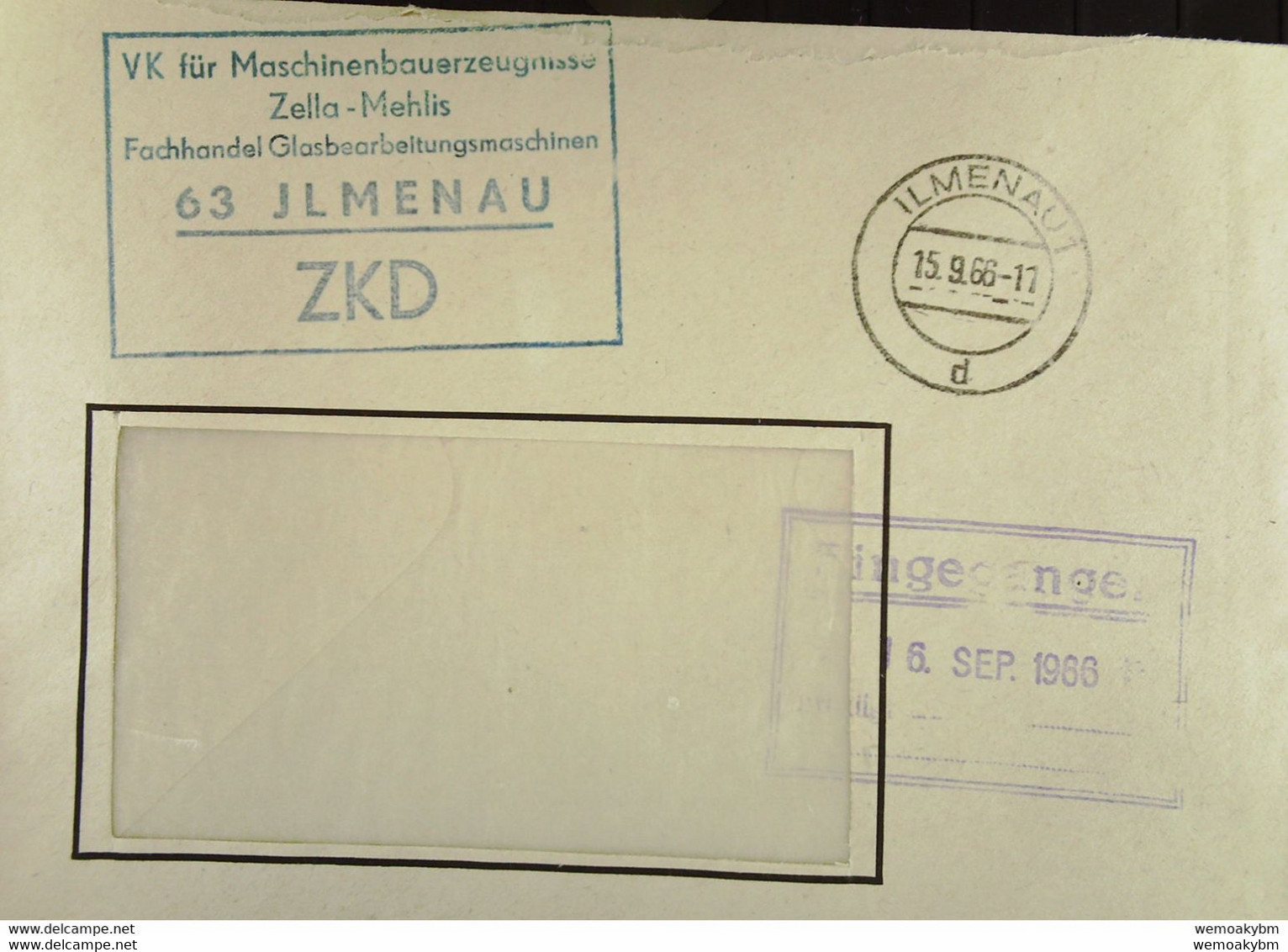 Fern-Brf Mit ZKD-Kastenst "VK Für Maschinenbauerzeugnisse Zella-Mehlis Fachhandel Glasbearbeitungsmasch Ilmenau" 15.9.66 - Central Mail Service