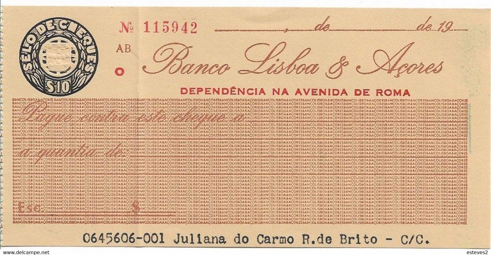 Portugal , Cheque , Check , Banco Lisboa & Açores , 1960 's - Chèques & Chèques De Voyage