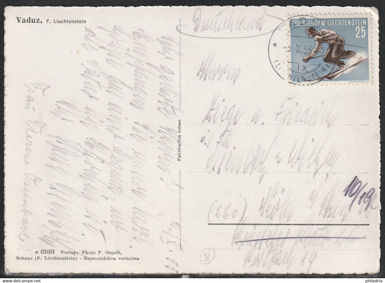 Liechtenstein, 1955, Skiing, Isolated 25 Rp. Stamp On Picture Postcard - Brieven En Documenten
