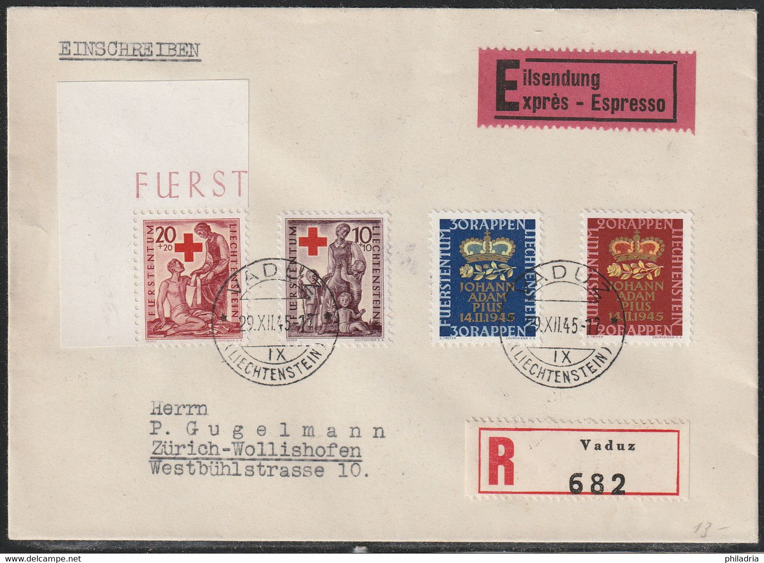 Liechtenstein, 1945, Express Registered Cover From Vaduz To Zürich - Brieven En Documenten
