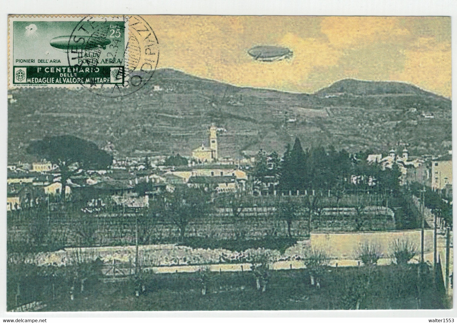 STORIA POSTALE 1932 REGNO-POSTA AEREA 25 CENTESIMI ISOLATO MEDAGLIE AL VALORESU CARTOLINA ZEPPELIN - Storia Postale (Zeppelin)