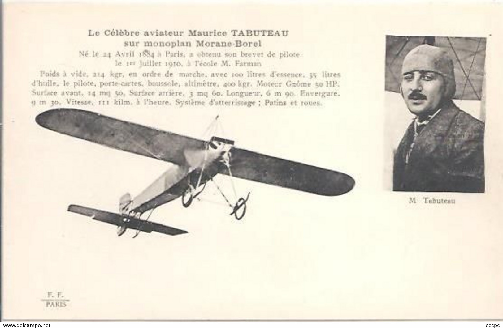 Carte Le Célèbre Aviateur Maurice Tabuteau Sur Monoplan Morane-Borel - Aviateurs