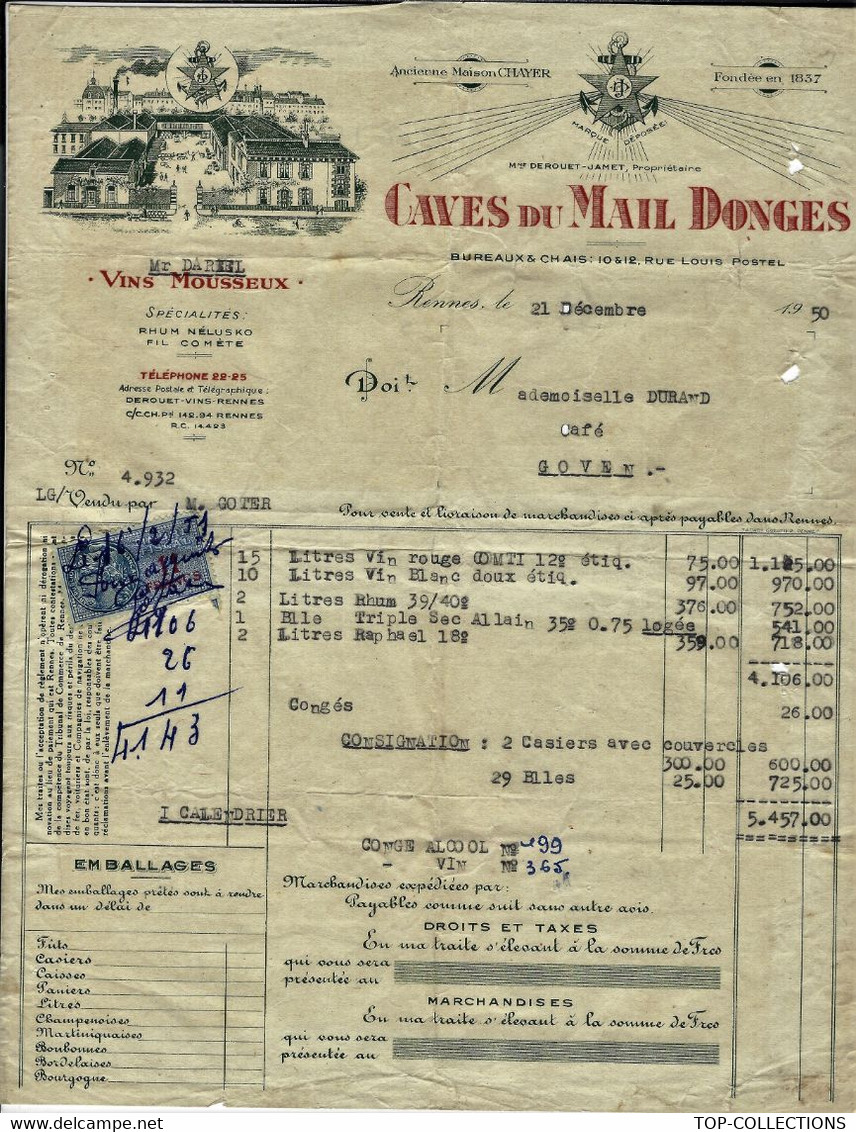 1950 ENTETE CAVES DU MAIL DONGES à Rennes Pour Durand à Goven  Ille Et Vilaine VIN  MOUSSEUX RHUM B.E.V .SCANS - 1950 - ...