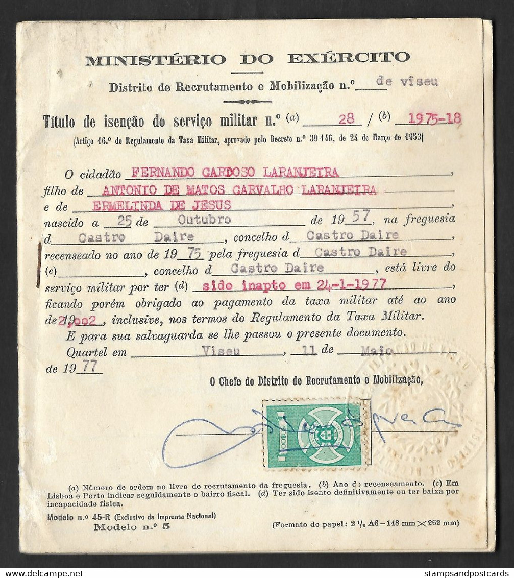 Portugal Timbre Fiscal Liga Dos Combatentes 50$ Viseu 1977 Revenue Stamp Militar Exemption - Brieven En Documenten
