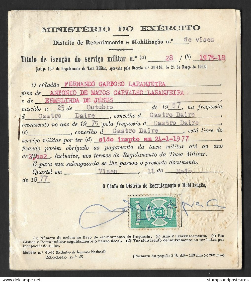 Portugal Timbre Fiscal Liga Dos Combatentes 50$ Viseu 1977 Revenue Stamp Militar Exemption - Lettres & Documents