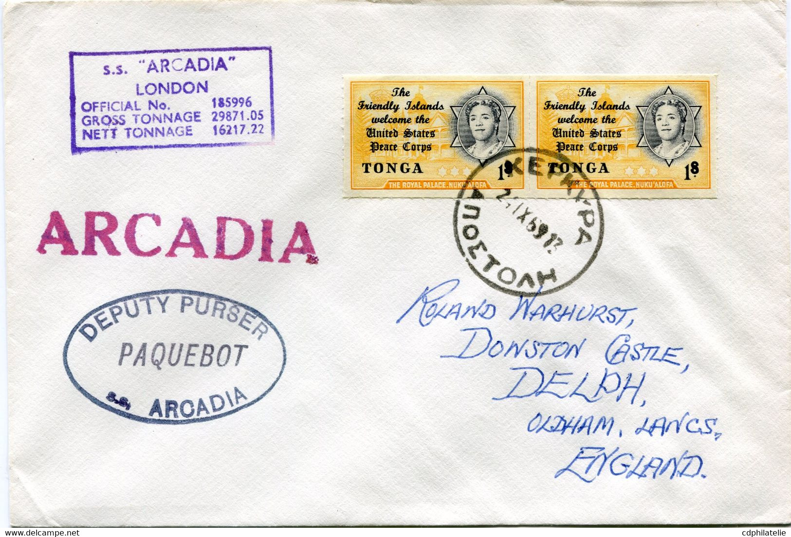 TONGA LETTRE AVEC CACHET " DEPUTY PURSER PAQUEBOT S.S. ARCADIA " DEPART KEPKYPA 24 IX 59 POUR LA GRANDE-BRETAGNE - Tonga (...-1970)