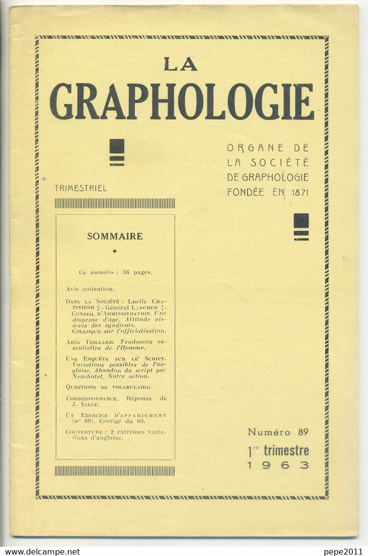 Revue LA GRAPHOLOGIE N° 89 - 1er Trimestre 1963 - Scienze