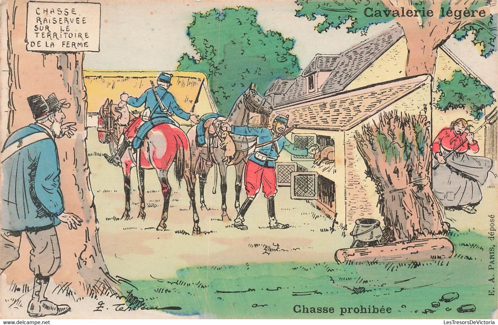 CPA Chasse Prohibée - Cavalrie Legère - Humour - Chasse Raiservée Sur Le Territoire De La Ferme - Jacht