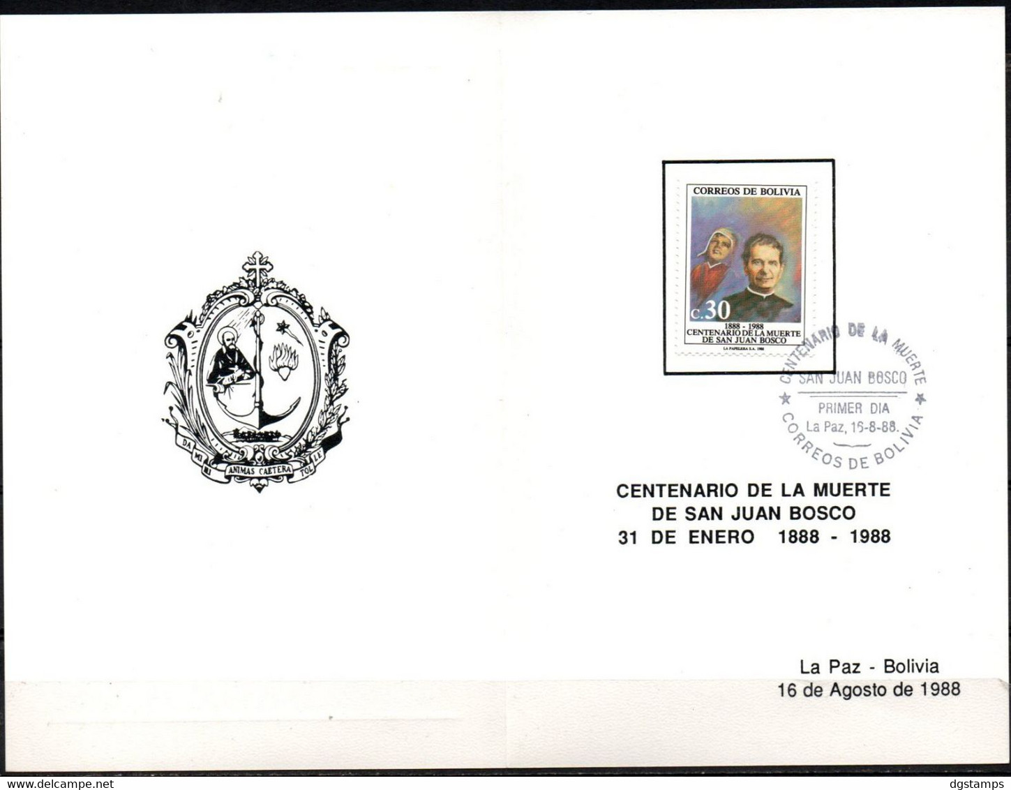 Bolivia 1988 CEFIBOL 1314T Commemorative Card Centenary Of The Death Of Saint John Bosco. - Bolivia