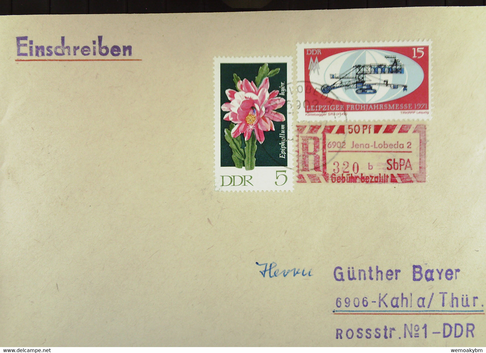 DDR: R-Fern-Brf Mit Selbstbed.-R-Zettel 50 Pf 6902 Jena-Lobeda 2 (320 B)-mit Einliefgs. 24.6.71 Mit 15 Pf KältebaggerMiF - Etichette Di Raccomandazione