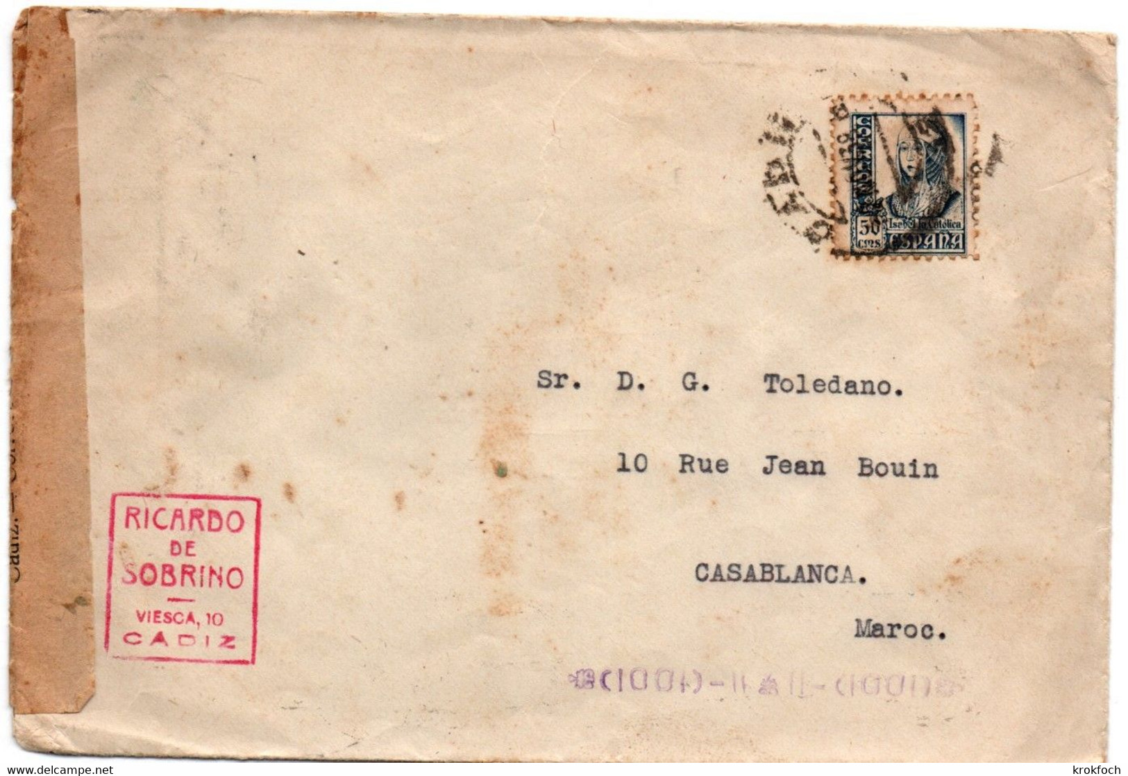 Cadiz 1938 - Lettre Pour Casablanca Avec Vignette Beneficencia - Censura Militar Censure - 2 Scans - Marques De Censures Nationalistes