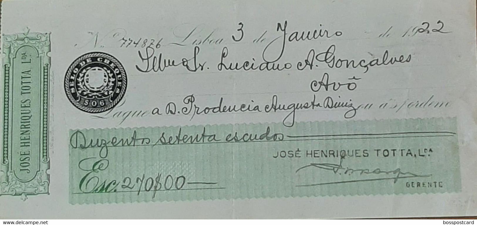Lisboa - Cheque Do Banco José Henriques Totta - Comercial - Publicidade - Papéis De Valor - Portugal - Chèques & Chèques De Voyage