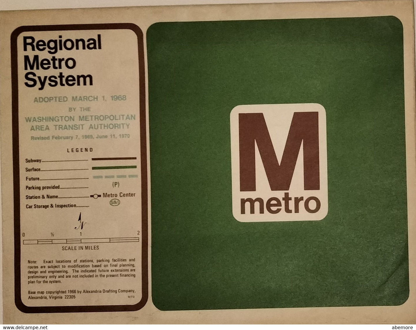 Grande Carte Du Réseau De Métro, Washington DC/Washington DC Metro WMATA System Map, 1973 - World
