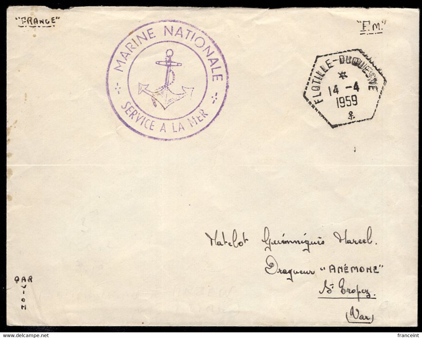 FRANCE(1959) Anchor. Feldpost Envelope With Violet Circular Cancel Of MARINE INTERNATIONALE. - Other & Unclassified