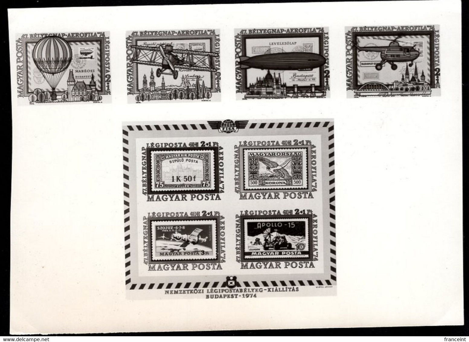 HUNGARY(1974) Aerophila Exhibition. Photographic Proof Of Set Of 4 + Souvenir Sheet. Scott Nos CB32-6. - Prove E Ristampe