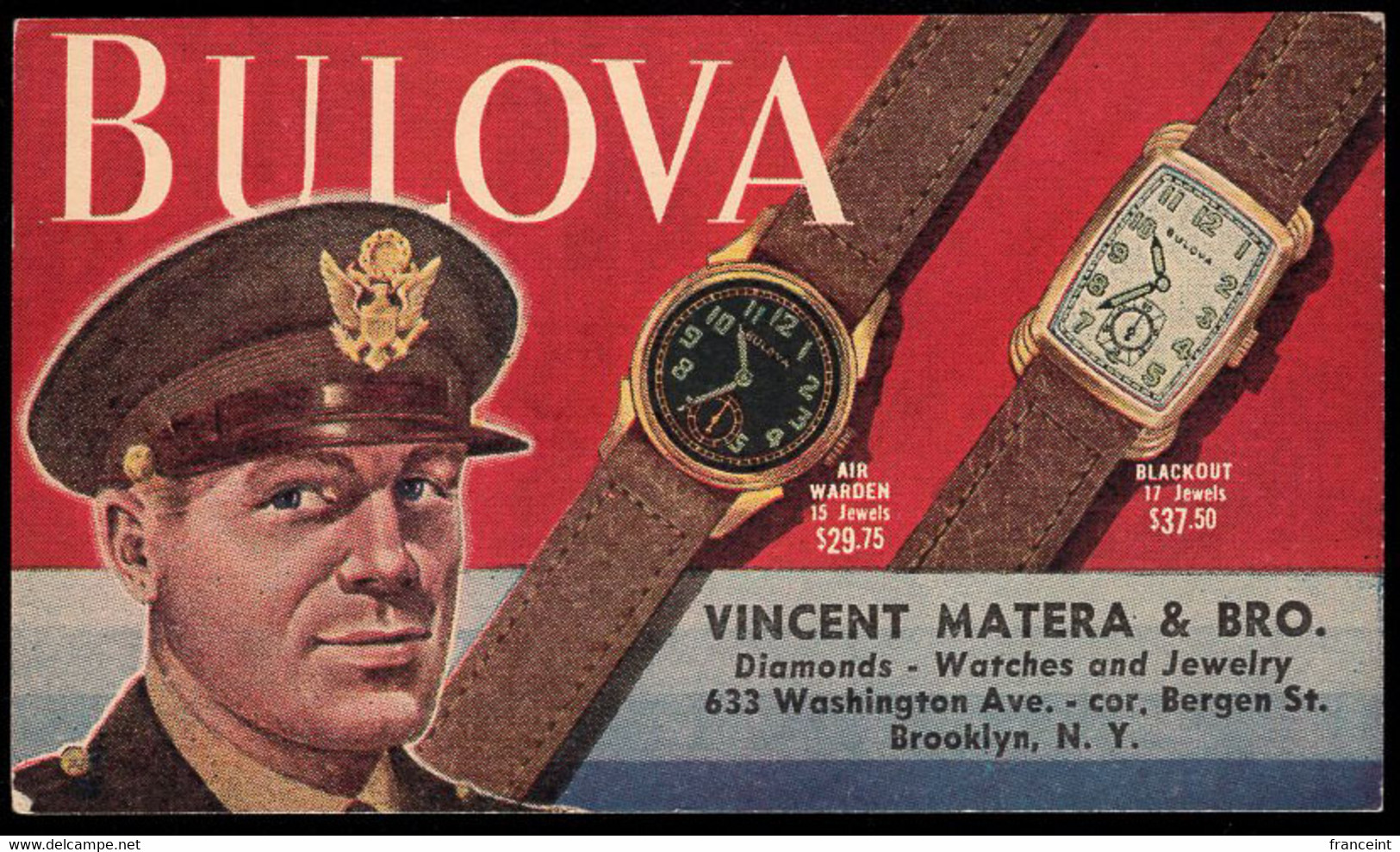 U.S.A.(1930) Bulova Watches. Man In Uniform. Postal Card With Multicolor Advertisement From Vincent Matera - 1921-40