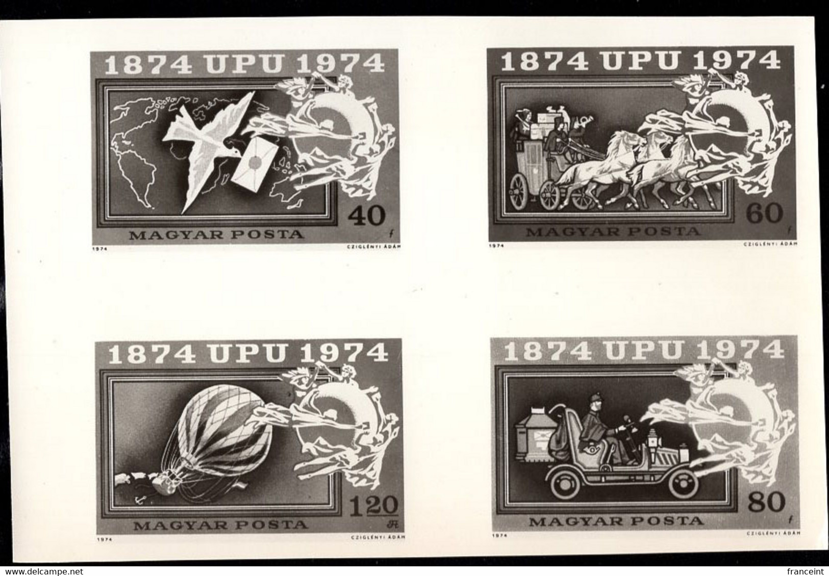 HUNGARY(1974) UPU Centenary. Photographic Proof Of Set Of 4. Scott Nos 2282-5. - Probe- Und Nachdrucke