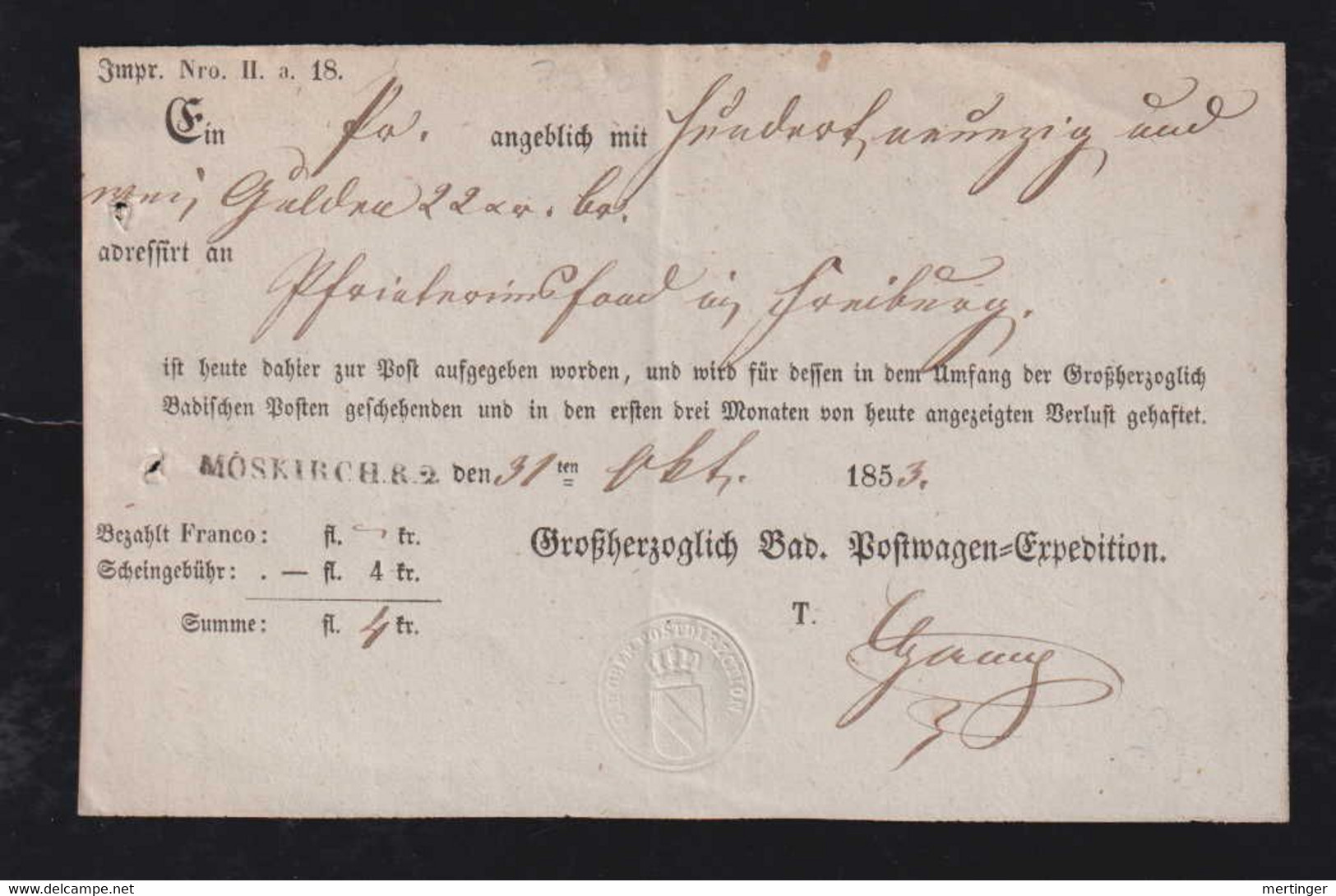 Baden 1853 Einschreiben Einlieferungsschein MOSKIRCH - Briefe U. Dokumente