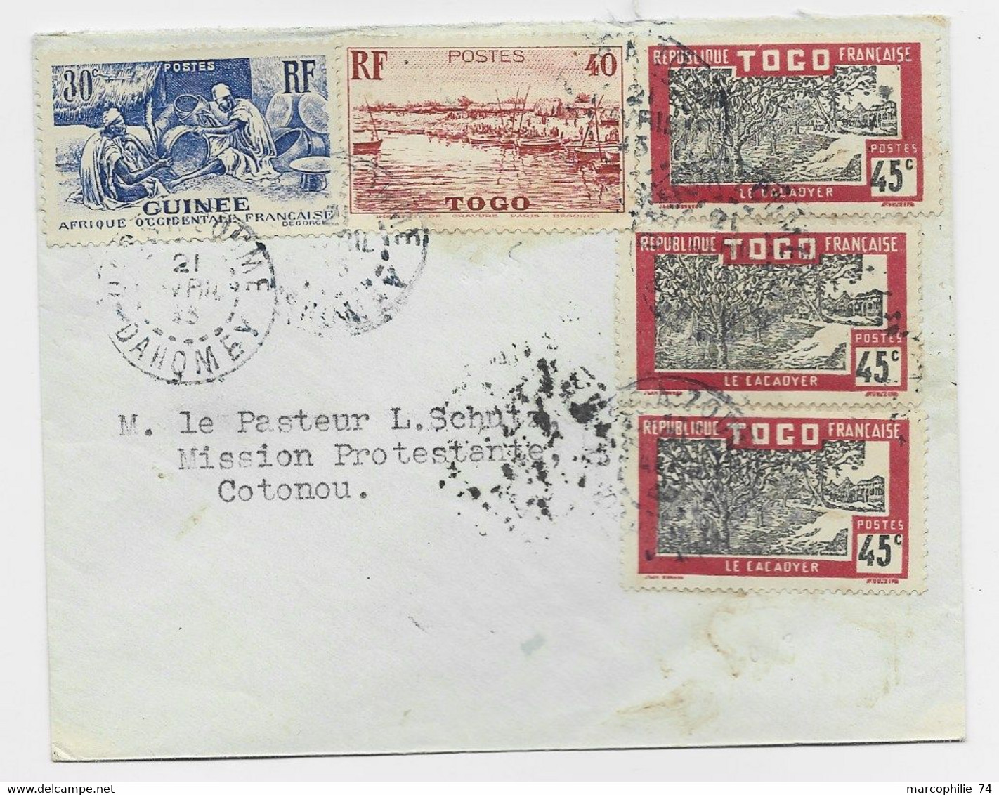 TOGO 45CX3+40C MIXTE GUINEE 30C LETTRE COVER DAHOMEY 1943 POUR COTONOU - Lettres & Documents