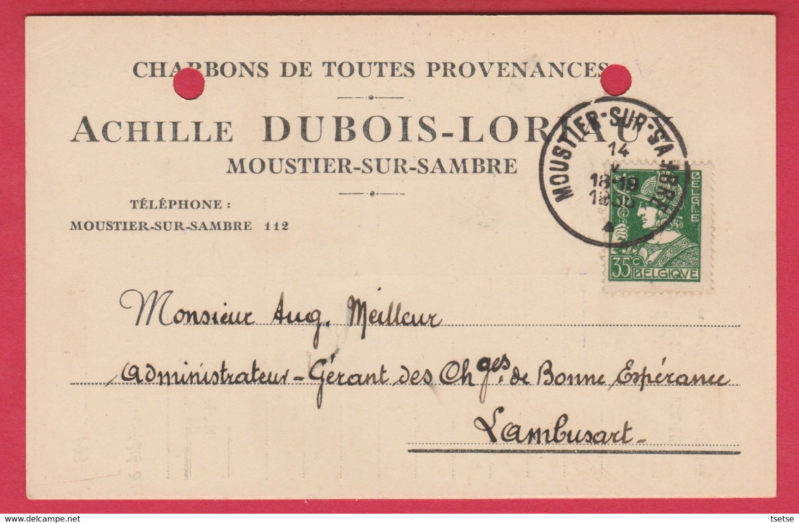 Moustier-sur-Sambre- Charbons De Toutes Provenances Achille Dubois-Loriaux- 1935  ( Voir Verso) - Jemeppe-sur-Sambre