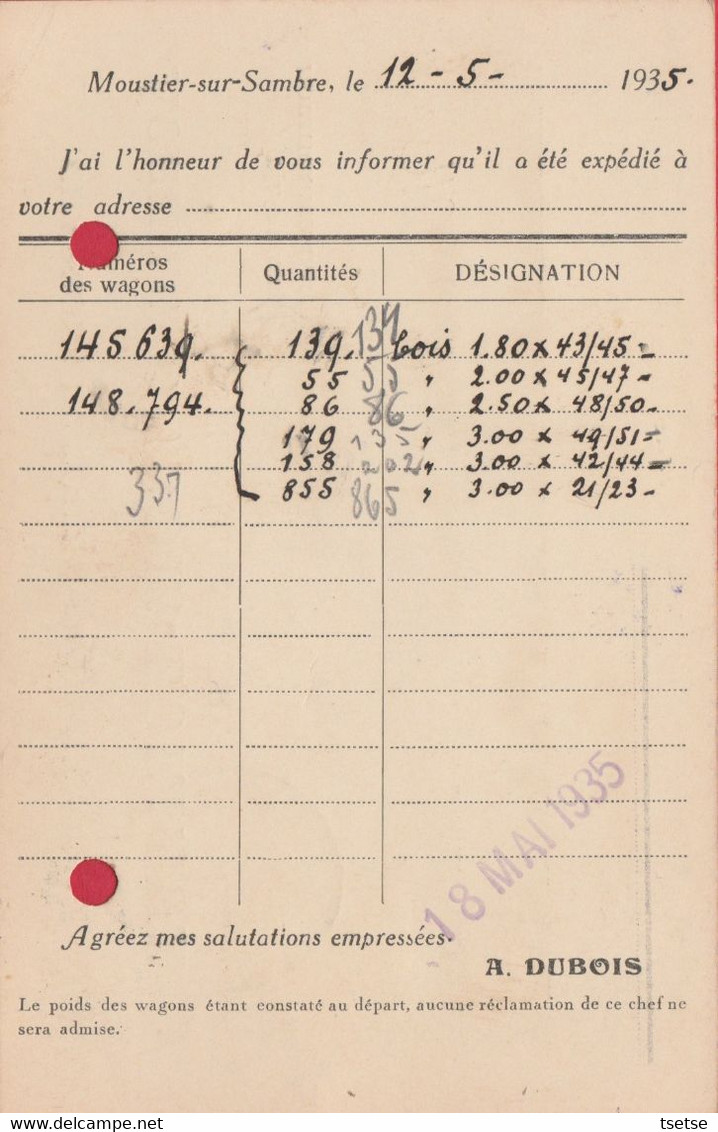 Moustier-sur-Sambre- Charbons De Toutes Provenances Achille Dubois-Loriaux- 1935  ( Voir Verso) - Jemeppe-sur-Sambre