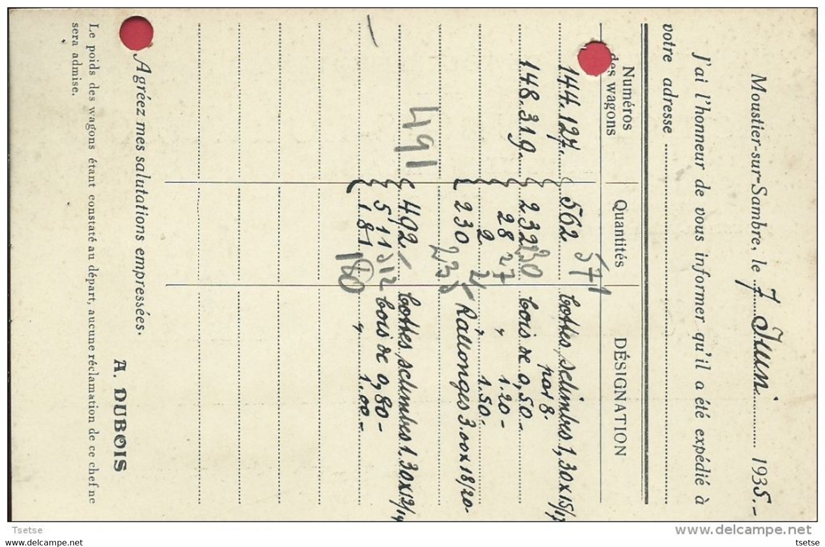 Moustier-sur-Sambre- Charbons De Toutes Provenances Achille Dubois-Loriaux- 1935  ( Voir Verso) - Jemeppe-sur-Sambre