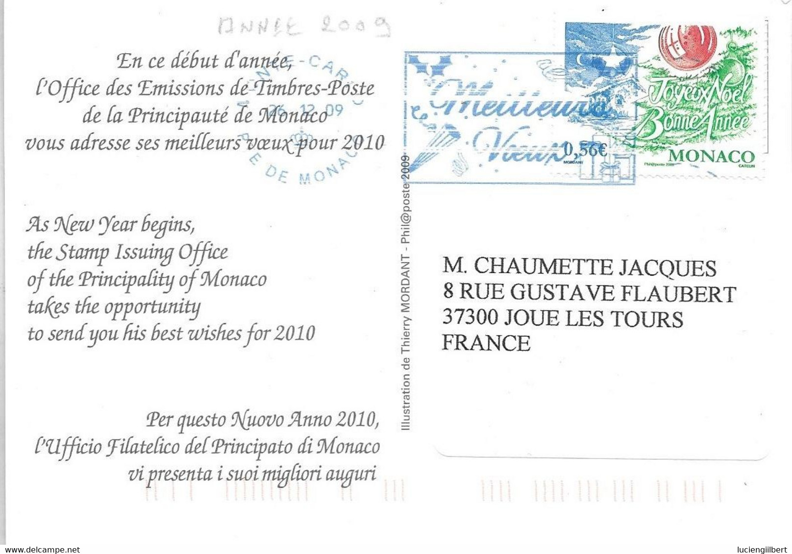 MONACO  -  TIMBRE  N° 2701  -  JOYEUX NOEL BONNE ANNEE  -  FLAMME MEILLEURS VOEUX - Lettres & Documents