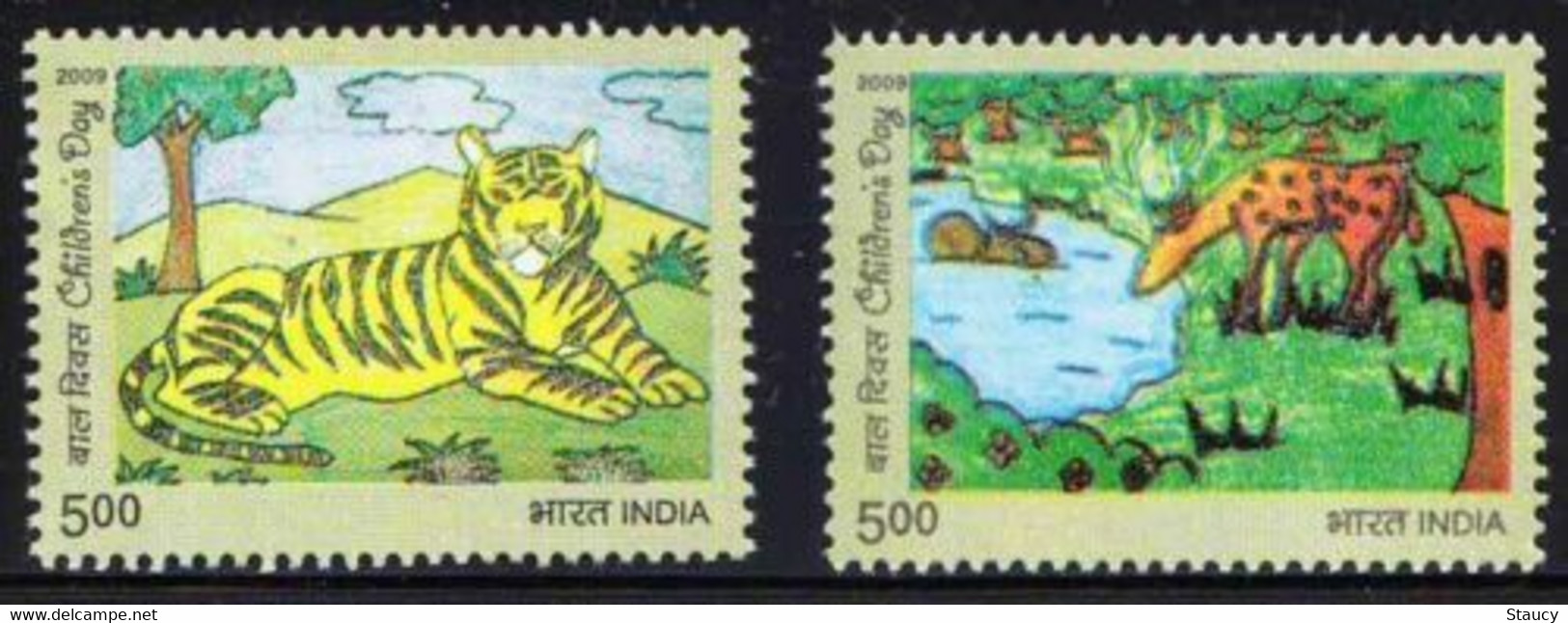 India 2009 Children's Day (Painting, Tiger, Deer, Wild Animals) 2v SET MNH As Per Scan - Autres & Non Classés