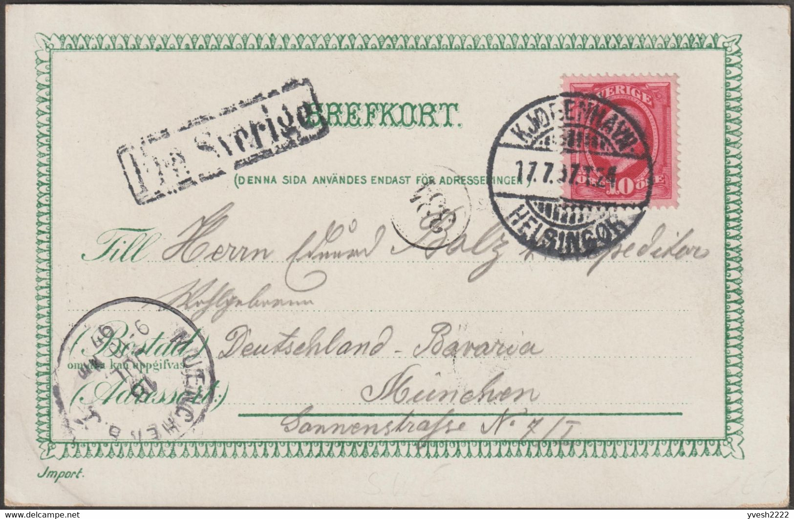 Danemark / Suède 1897. Carte Postée Sur Un Bateau, Helsingborg à Munich, Oblitérée Kjøbenhavn - Helsingør (Elseneur) - Franking Machines (EMA)