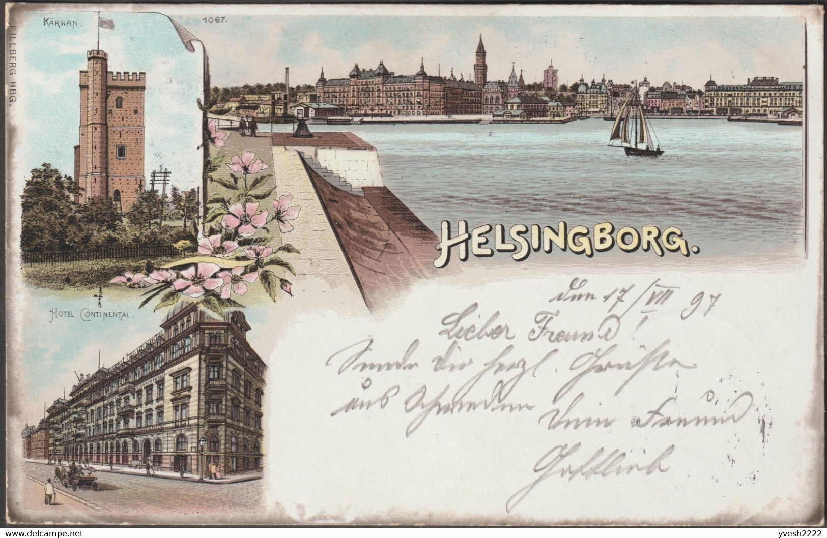 Danemark / Suède 1897. Carte Postée Sur Un Bateau, Helsingborg à Munich, Oblitérée Kjøbenhavn - Helsingør (Elseneur) - Máquinas Franqueo (EMA)