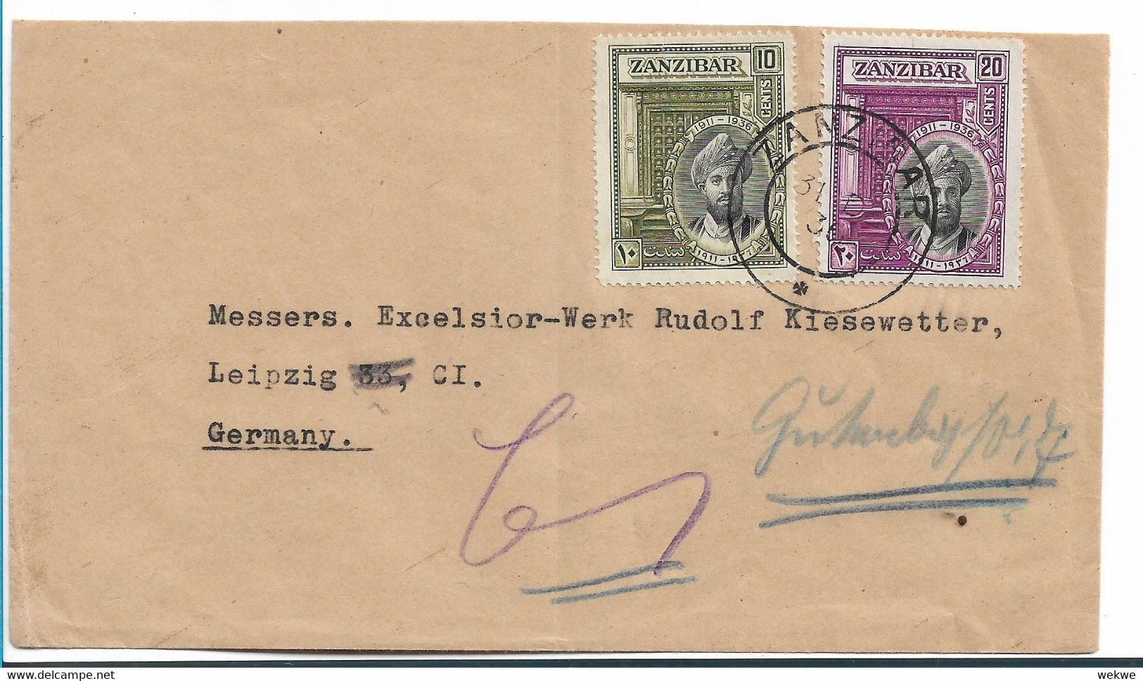 ZANZIBAR 029 / Silber Regierungs-Jubiläum Sultan Harule 1936 Nach Leipzig - Zanzibar (1963-1968)