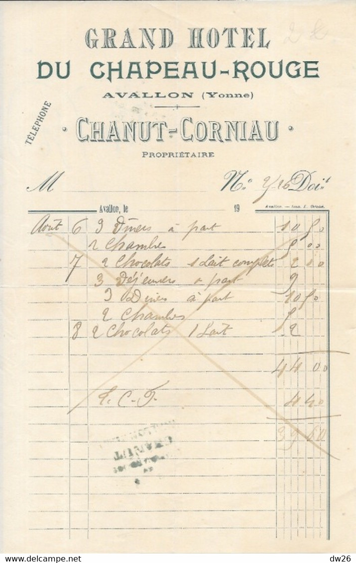 Facture Grand Hôtel Du Chapeau Rouge à Avallon - Chanut-Corniau Propriétaire 1926 - 1900 – 1949
