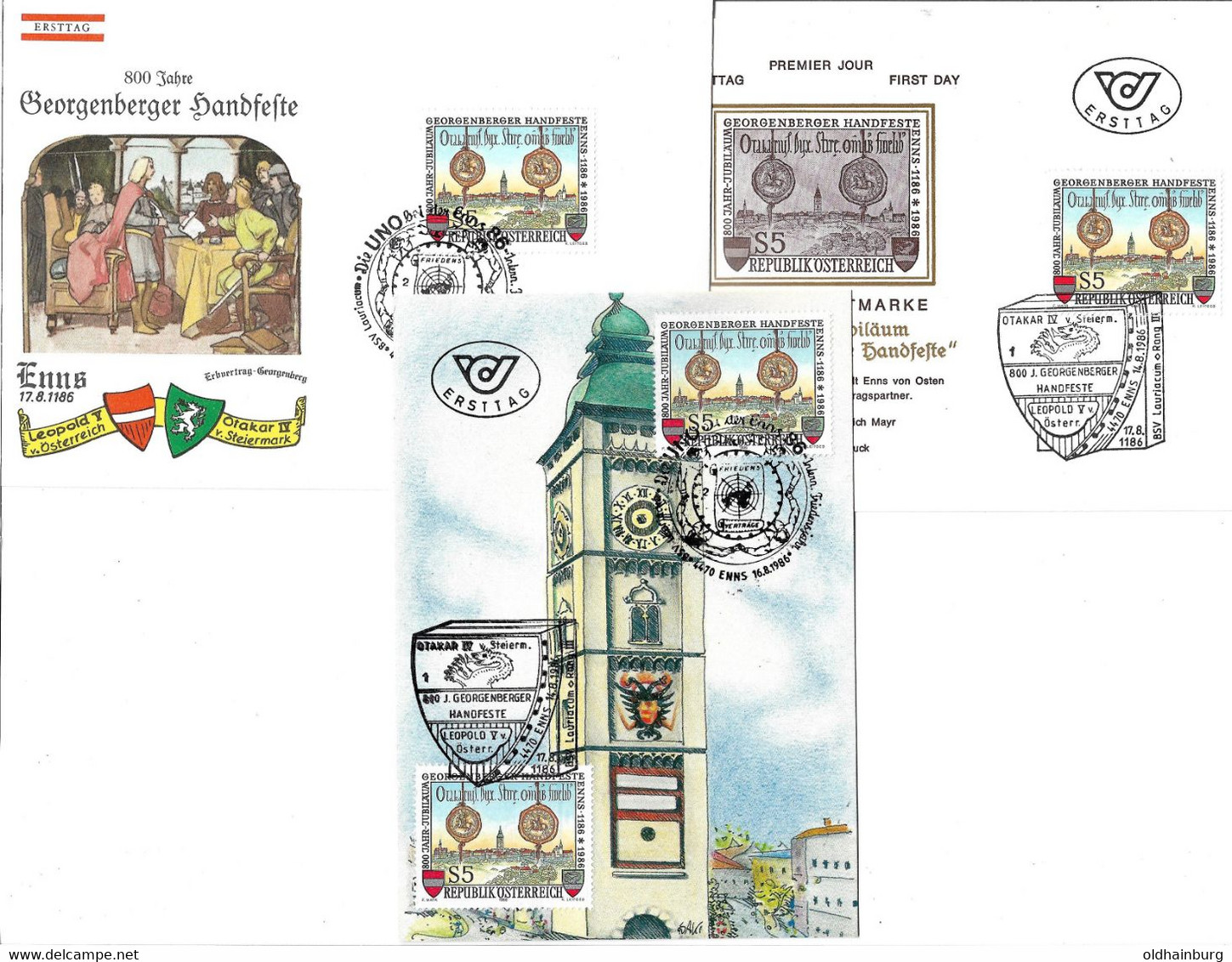 2236p: Österreich 1986, Georgenberger Handfeste, Wappen Heraldik 4470 Enns, Leopold V., 3 Belege - Enns