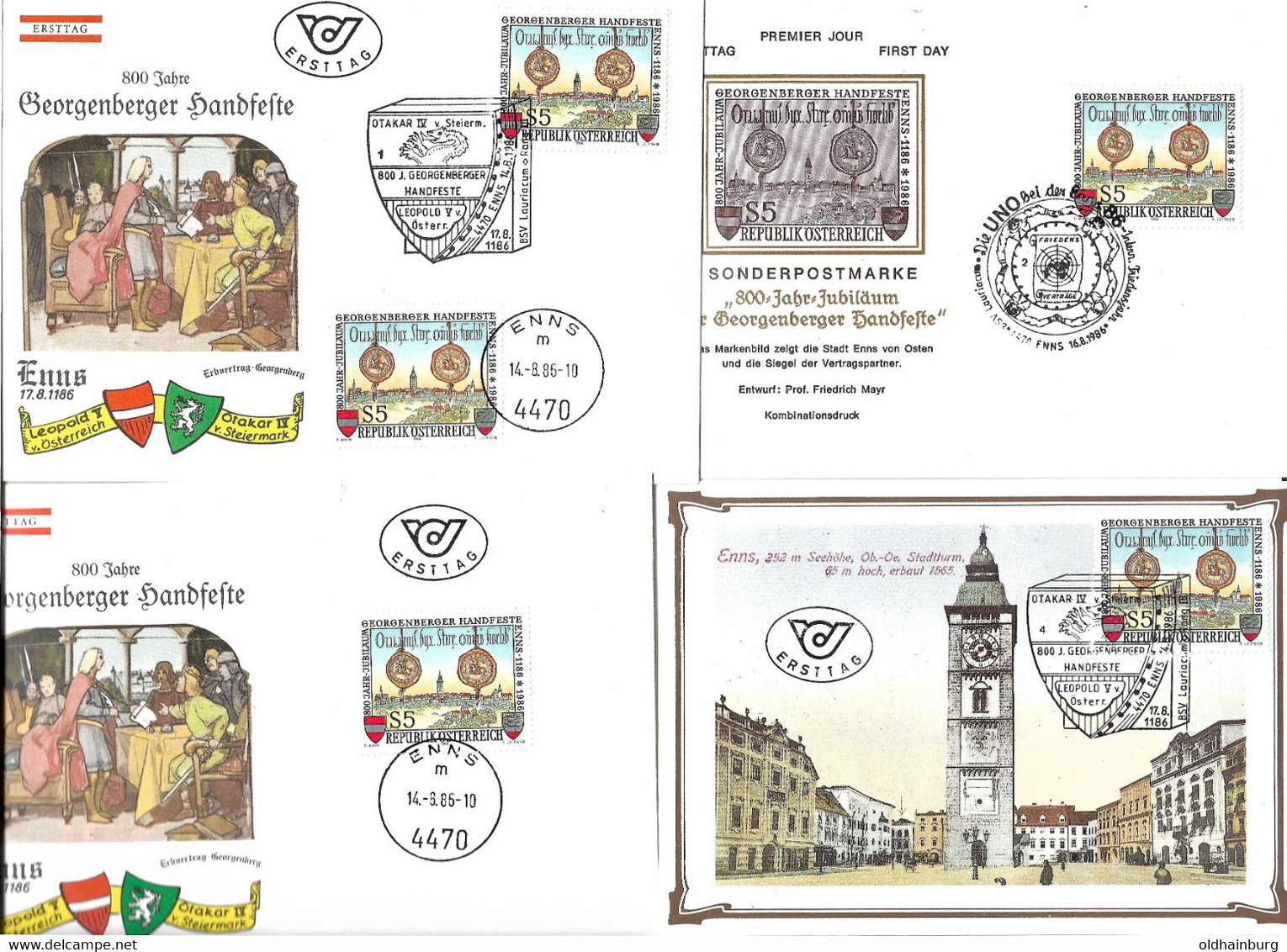 2236n: Österreich 1986, Georgenberger Handfeste, Wappen Heraldik 4470 Enns, Leopold V., Div. Stempel Auf FDCs/ MKs - Enns