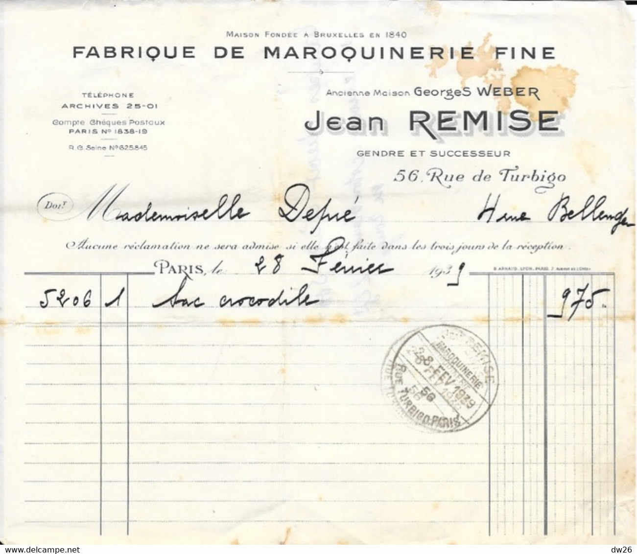 Facture Fabrique De Maroquinerie Fine Jean Remise, Rue Turbigo à Paris - A Mlle Depré Février 1939 (sac Crocodile) - 1900 – 1949