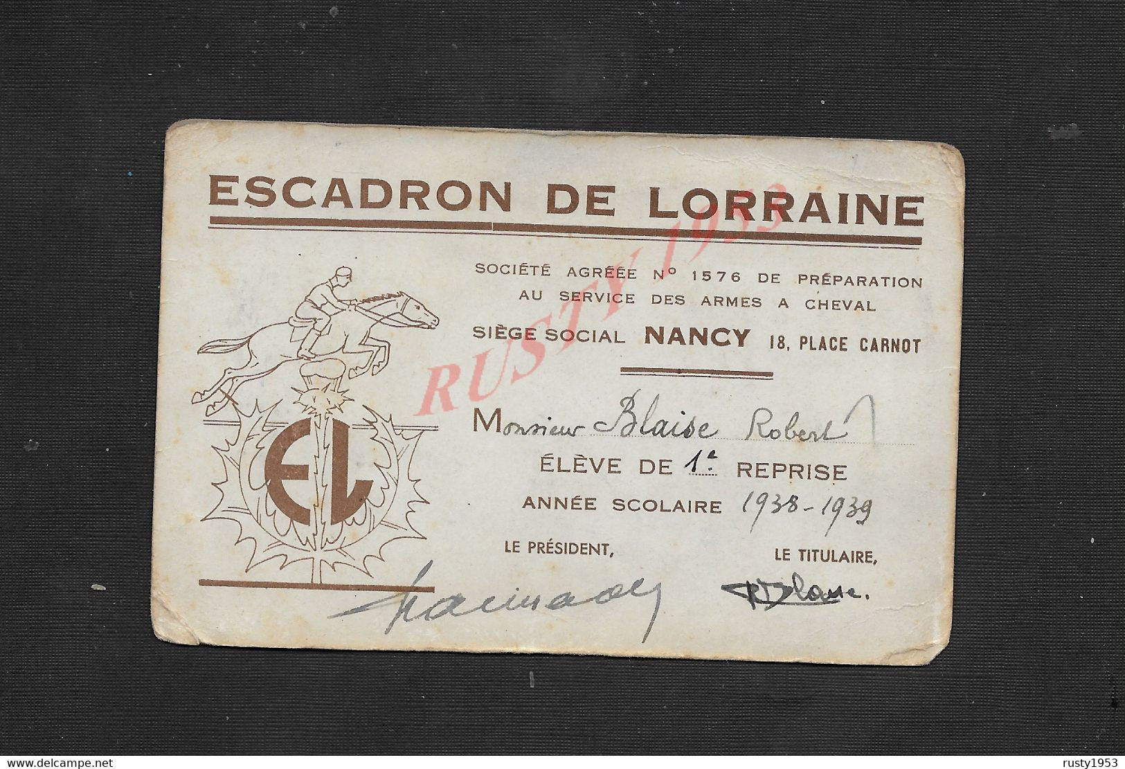 ÉQUITATION CARTE ILLUSTRÉE ESCADRON DE LORRAINE AU SERVICE DES ARMES À CHEVAL À NANCY DE BLAISE ROBERT 1938 / 39 : - Hipismo