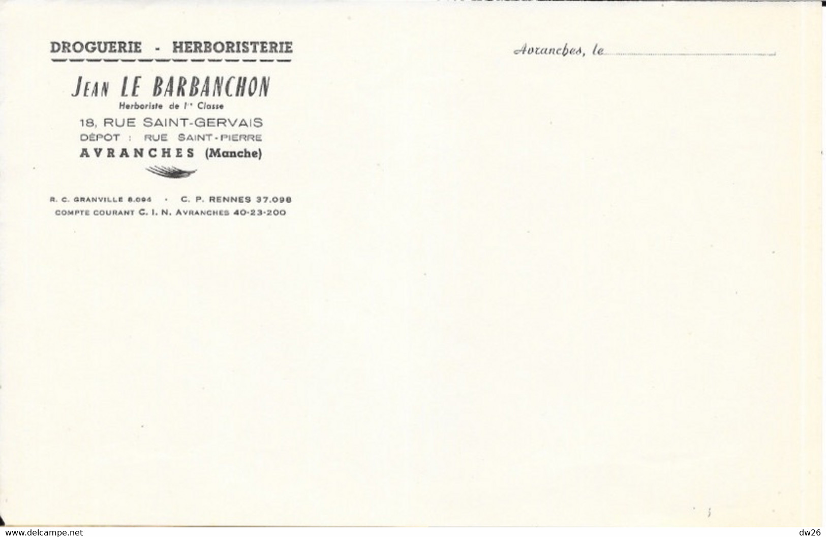 Papier à Entête: Droguerie, Herboristerie Jean Le Barbanchon à Avranches (Manche) - 1900 – 1949