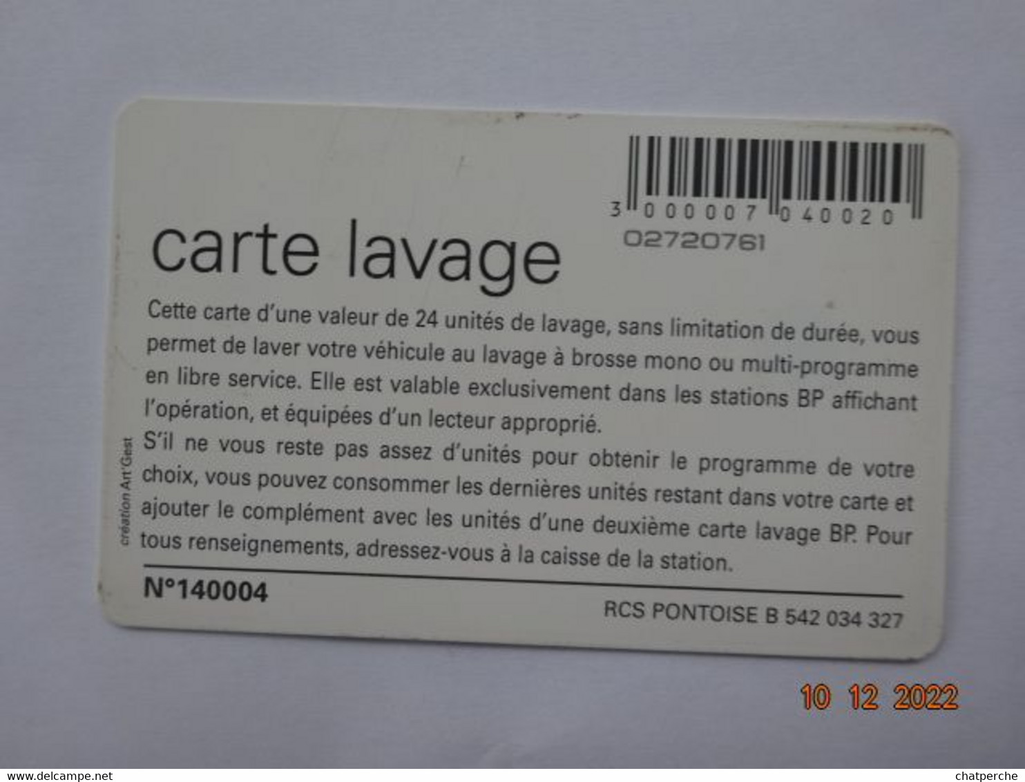 CARTE A PUCE CHIP CARD LAVAGE AUTO BP 24 UNITES - Lavage Auto