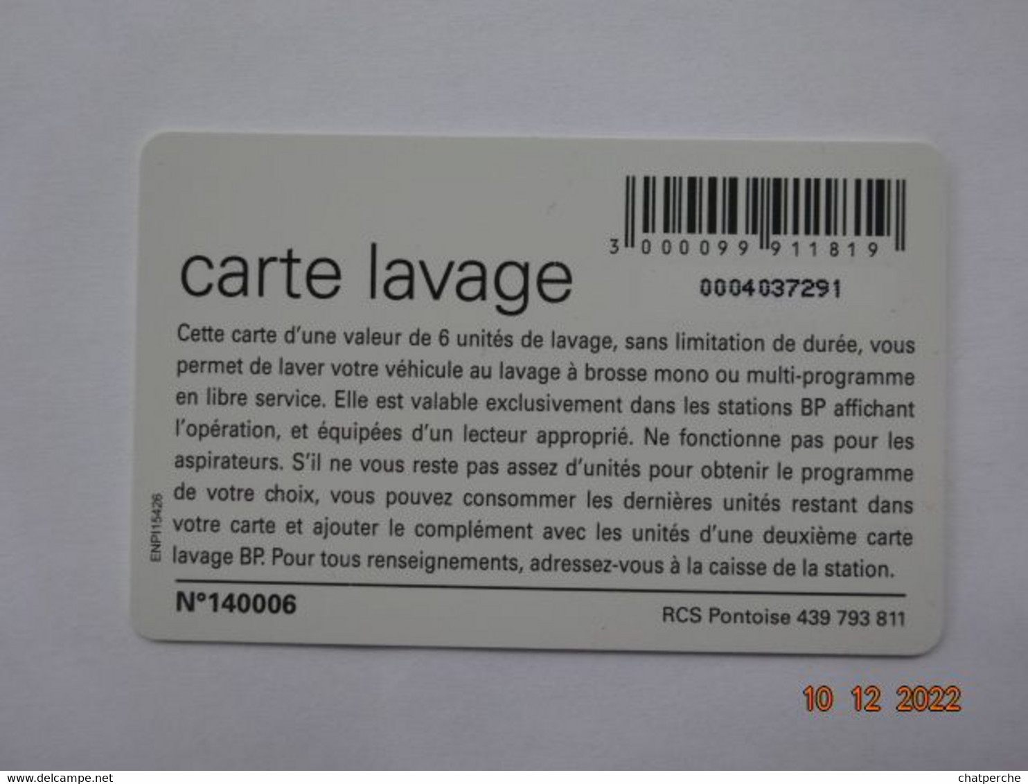 CARTE A PUCE CHIP CARD LAVAGE AUTO BP OFFERTE 6 UNITES - Autowäsche