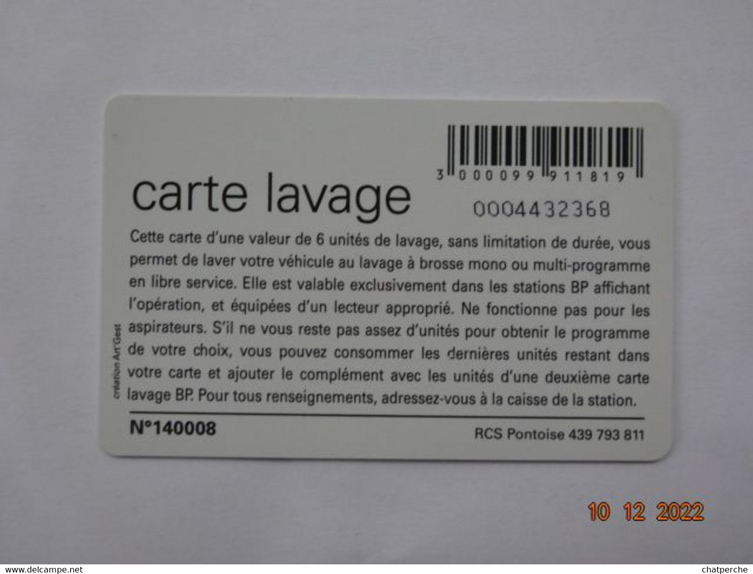 CARTE A PUCE CHIP CARD LAVAGE AUTO BP OFFERTE 6 UNITES - Car Wash Cards