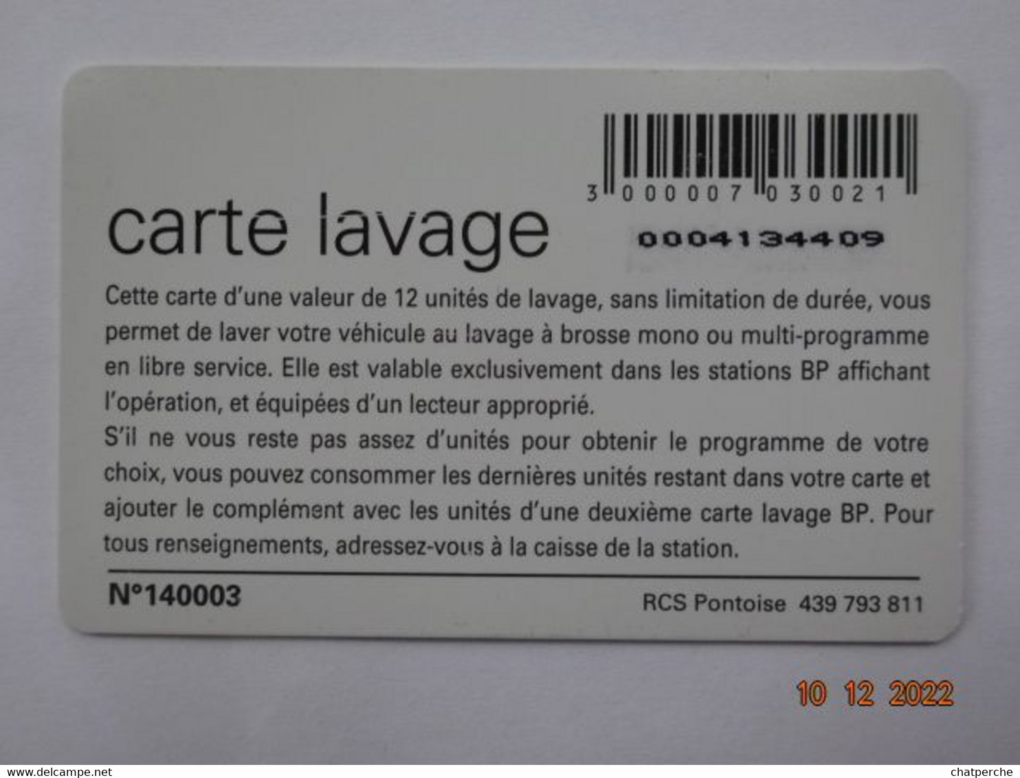 CARTE A PUCE CHIP CARD LAVAGE AUTO BP 12 UNITES - Lavage Auto