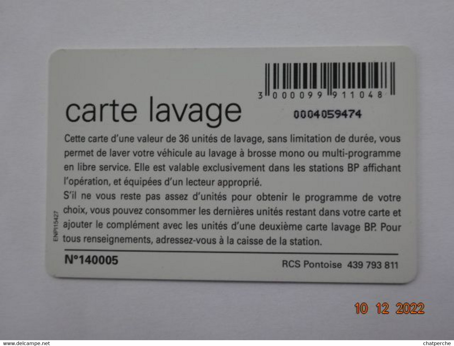 CARTE A PUCE CHIP CARD LAVAGE AUTO BP 36 UNITES - Colada De Coche