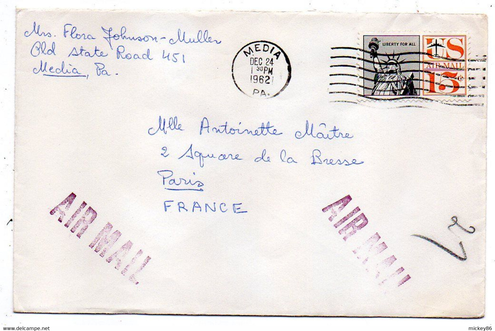USA--1962--Lettre De MEDIA  ( Pa) Pour PARIS (France) ....tp Seul Sur Lettre  ....cachet - Briefe U. Dokumente