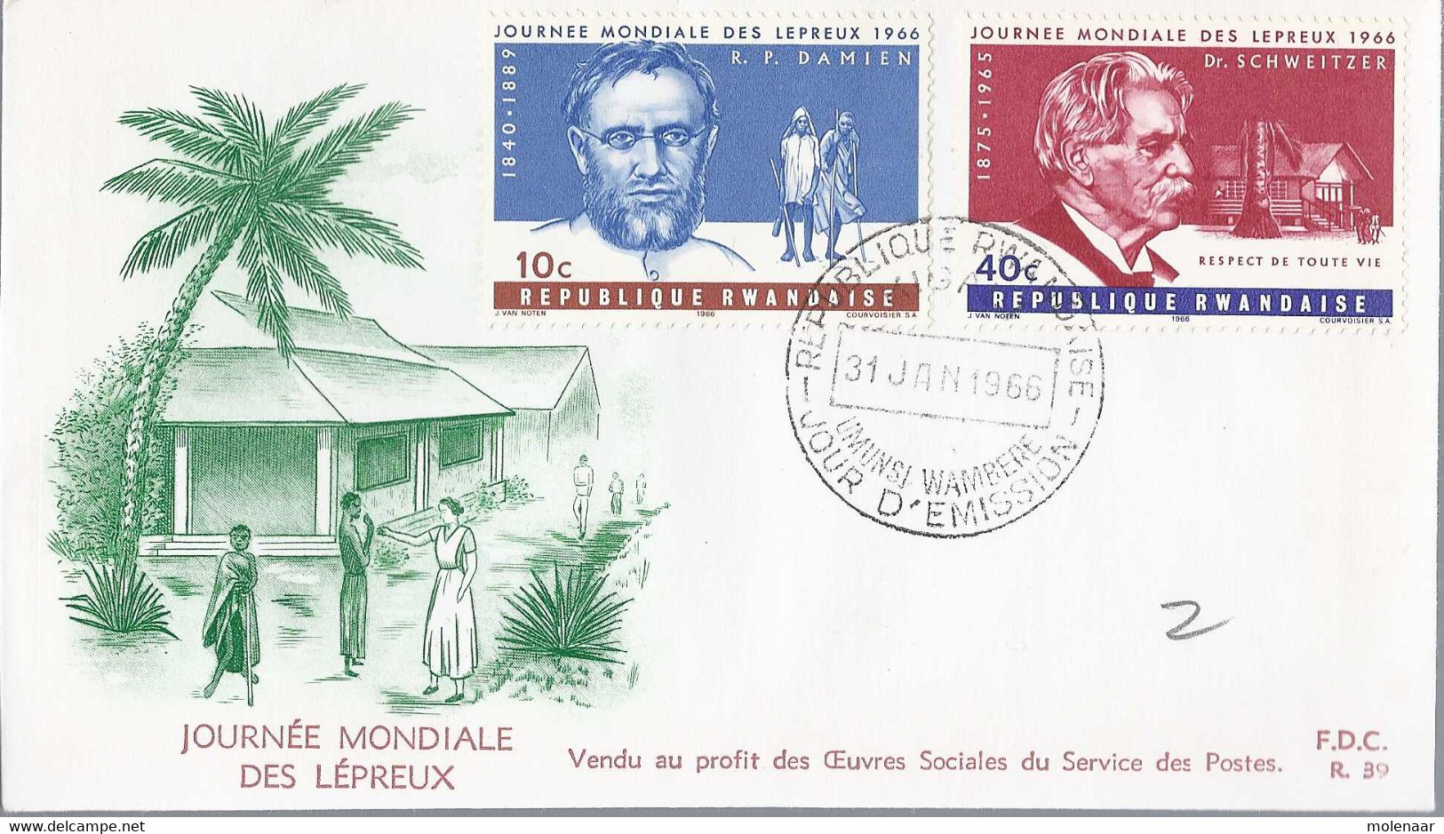 Republique Rwandaise FDC "Journee Mondiale De Lepreux" 31-jan-1966 (9579) - Albert Schweitzer