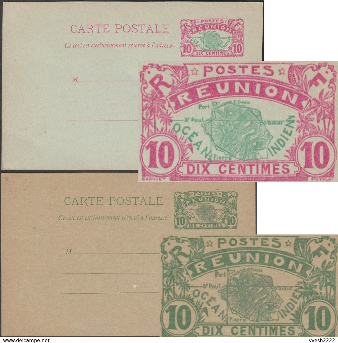 Réunion 1907 Et 1923. 2 Cartes Entiers Postaux Officiels. Timbres Bicolore Et Vert. Carte De La Réunion - Briefe U. Dokumente