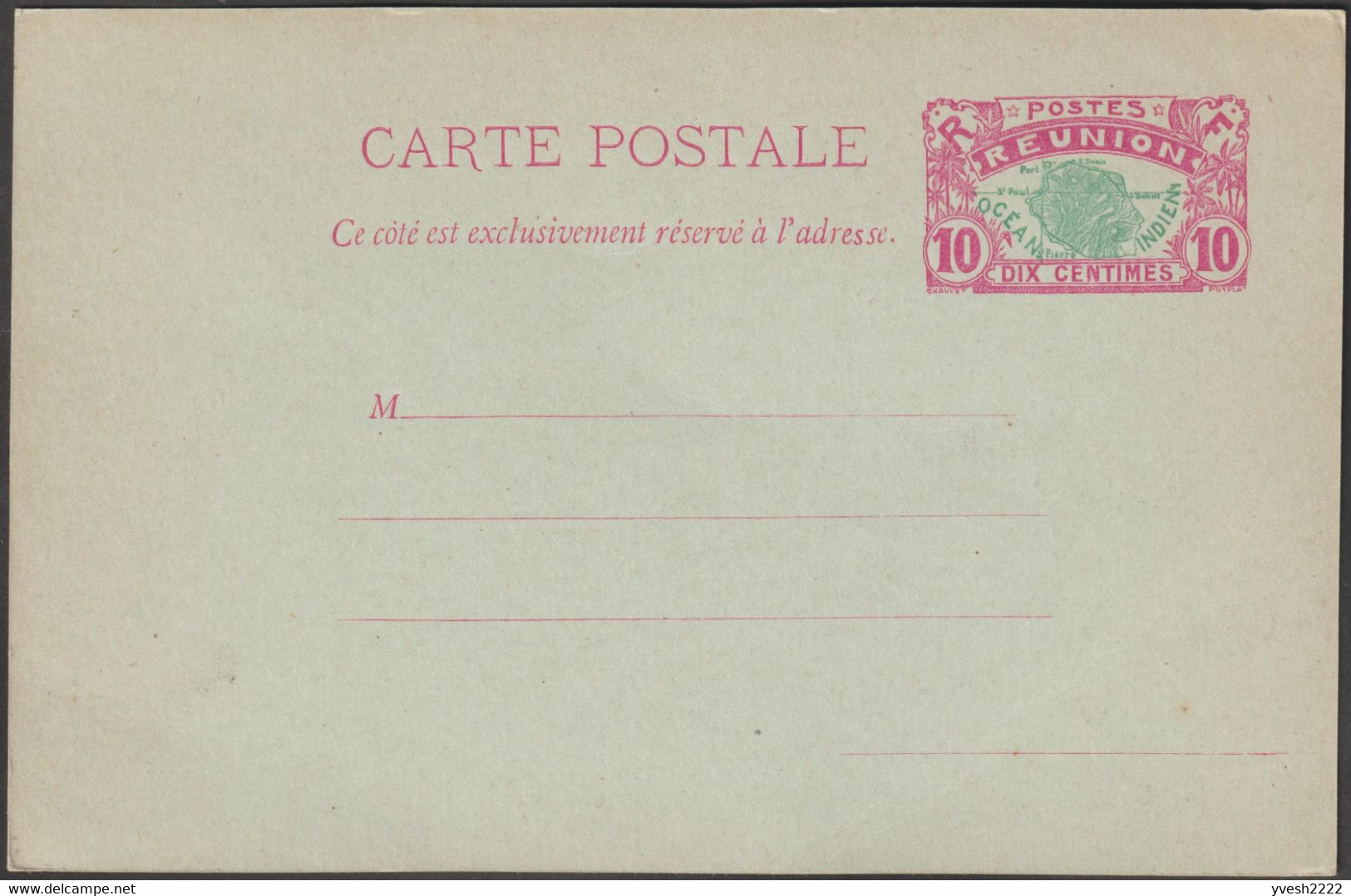 Réunion 1907 Et 1923. 2 Cartes Entiers Postaux Officiels. Timbres Bicolore Et Vert. Carte De La Réunion - Lettres & Documents