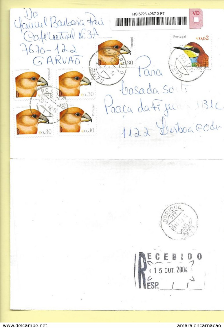 TIMBRES - STAMPS - LETTRE RECOMMANDÉ - MARCOPHILIE - PORTUGAL - 5 TIMBRES AUTO-ADHÉSIFS OISEUX ET AUTRE - Brieven En Documenten