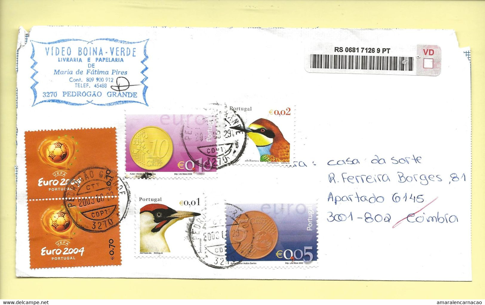 TIMBRES - STAMPS - MARCOPHILIE - LETTRE RECOMMANDÉ - PORTUGAL - TIMBRES DIVERS (EURO 2004-OISEAUX ET MONNAIE EURO 2002) - Storia Postale