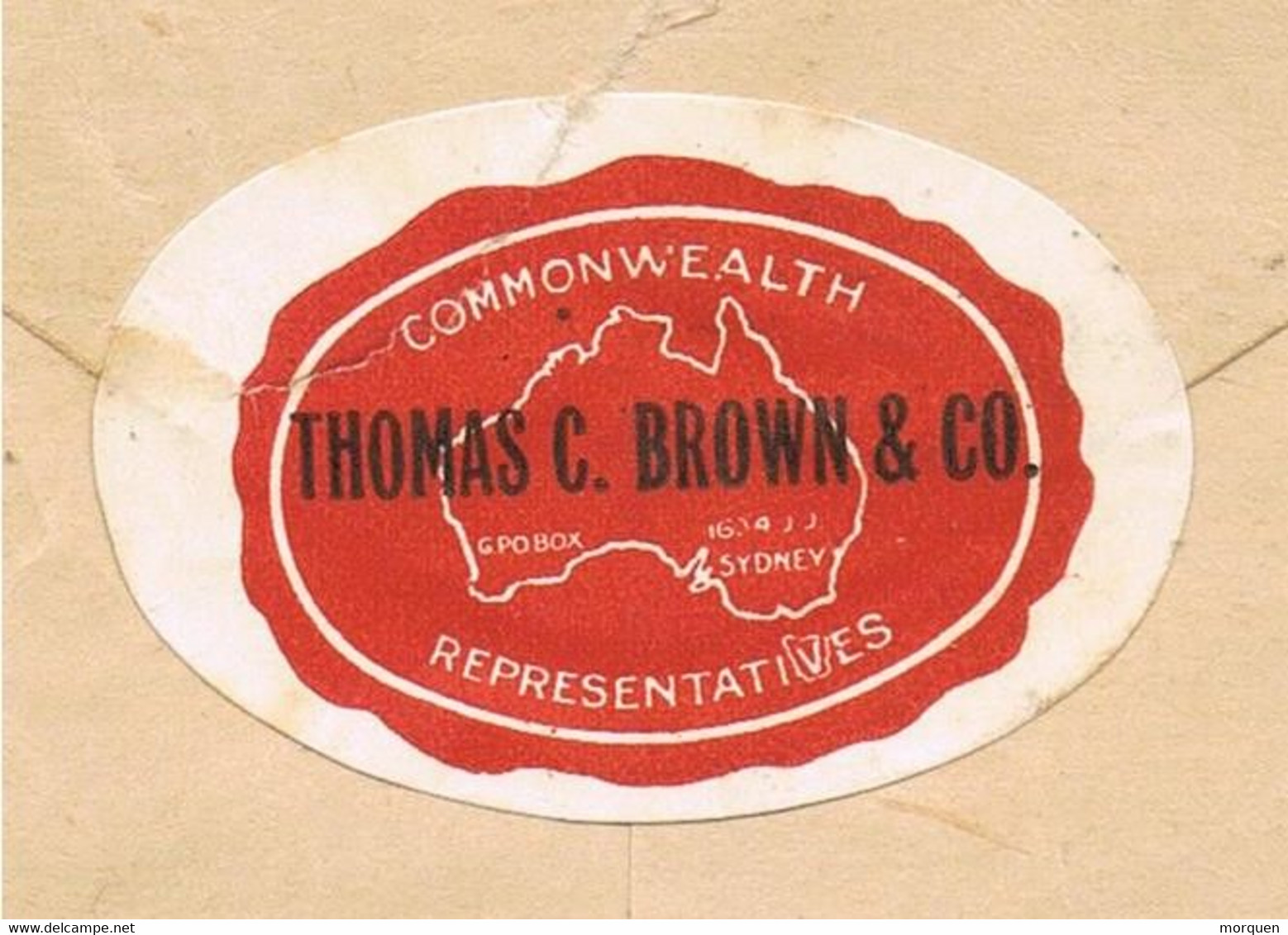 48001. Carta SYDNEY (Australia) 1934. Correo Maritimo. Viñeta, Label Al Dorso THOMAS C. BROWN - Cartas & Documentos